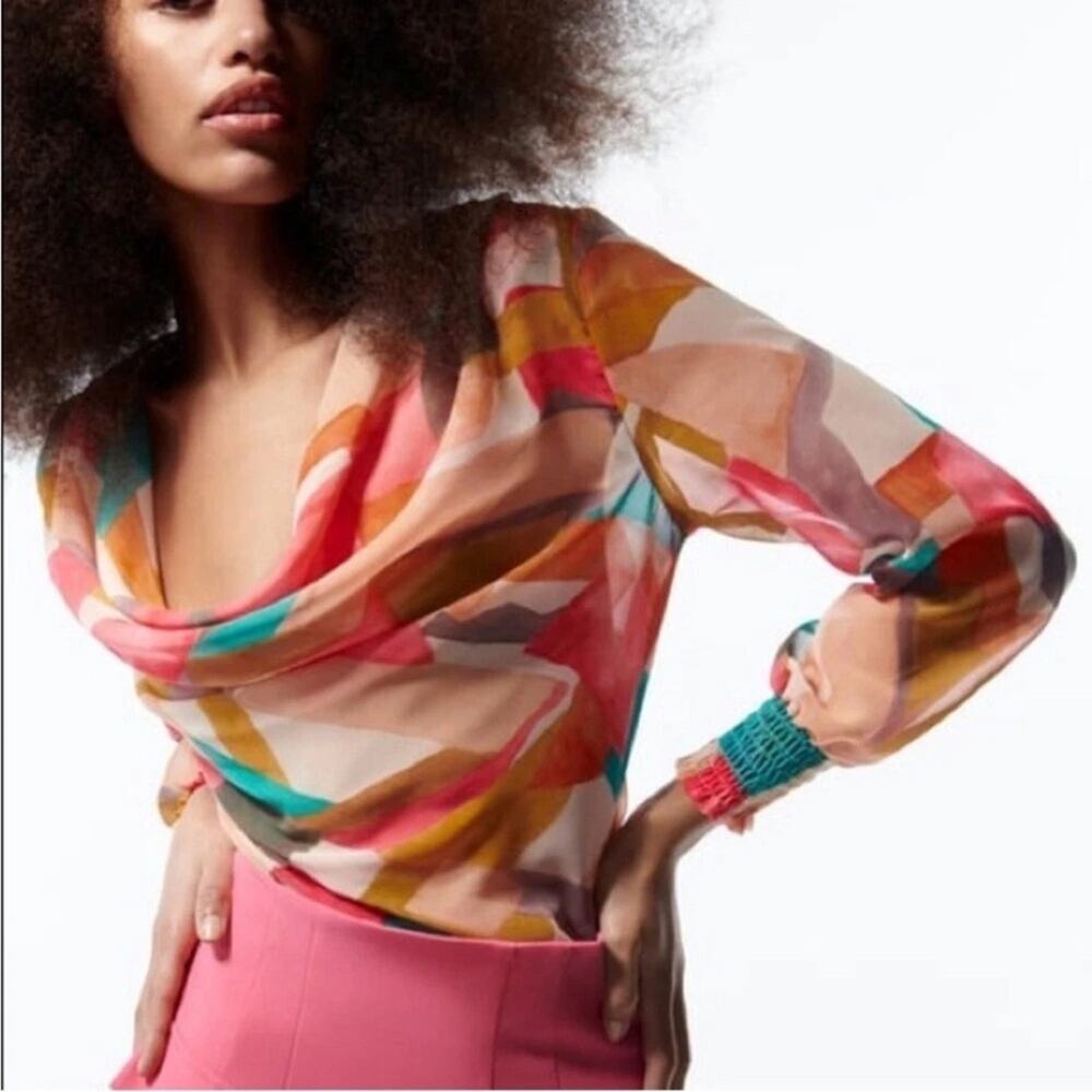 Zara Multicolor Sheer Geometric Blouse with Teal and Pink